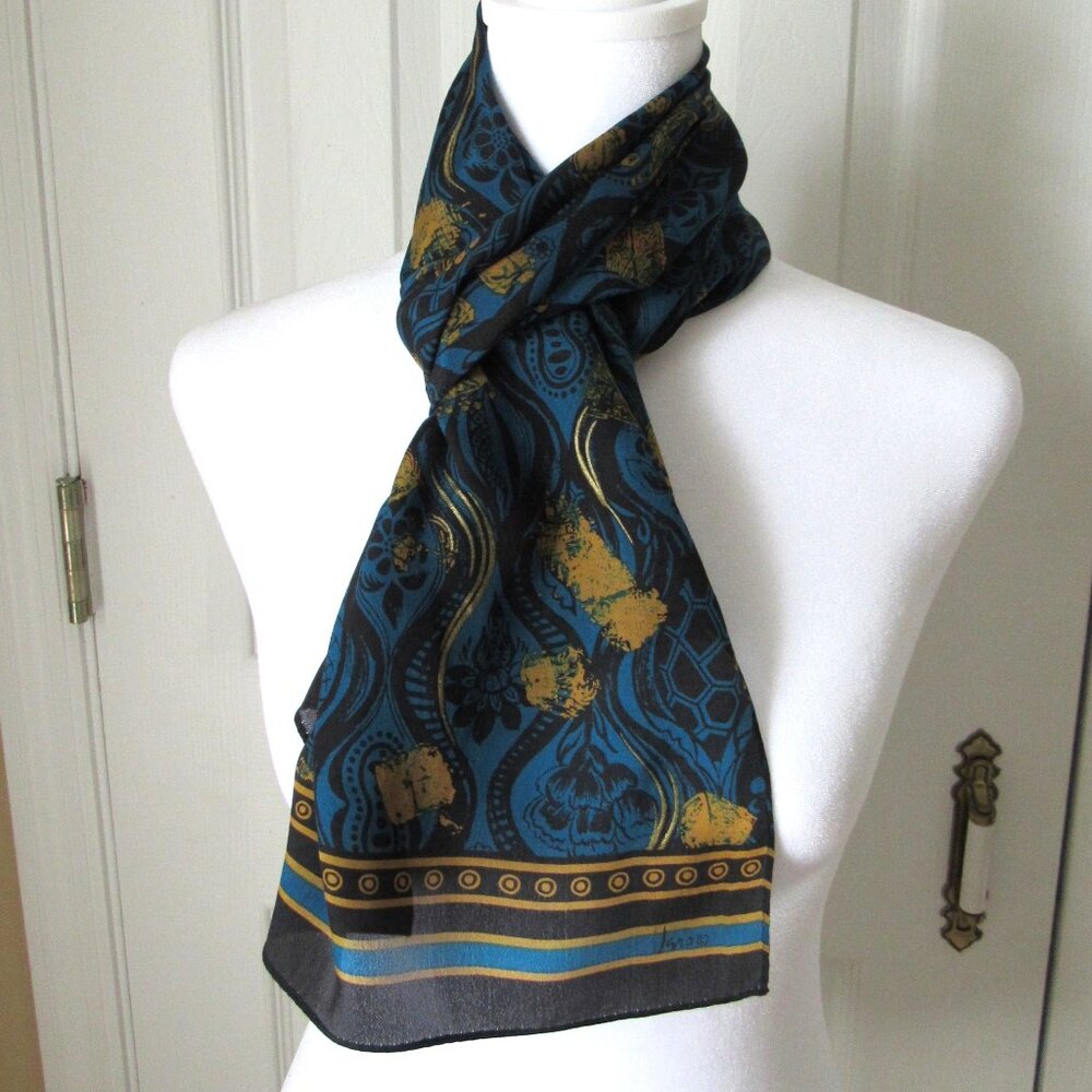 VERA NEUMANN Teal Abstract Floral SCARF Gold and Black Silky Elegant